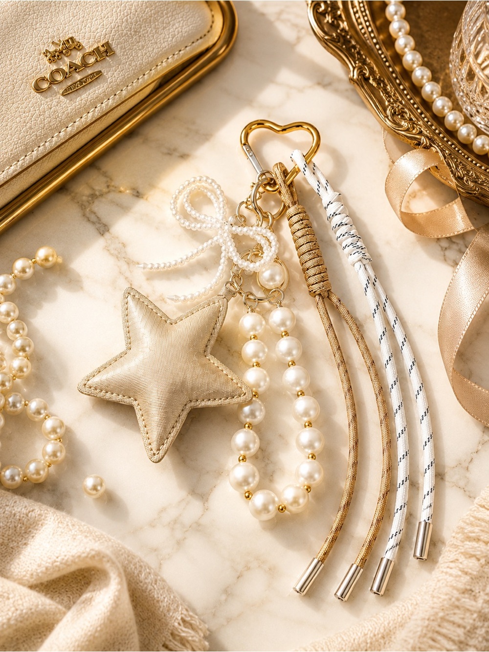 Golden Heritage Star Cluster Bag Charm | Pearl Bow Keychain